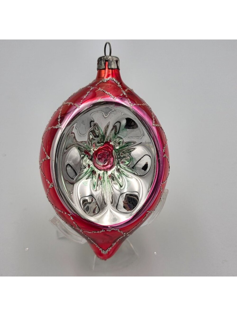 Reflector Glass Ornament Red & Yellow Stars Indented Silver Glitter Christmas